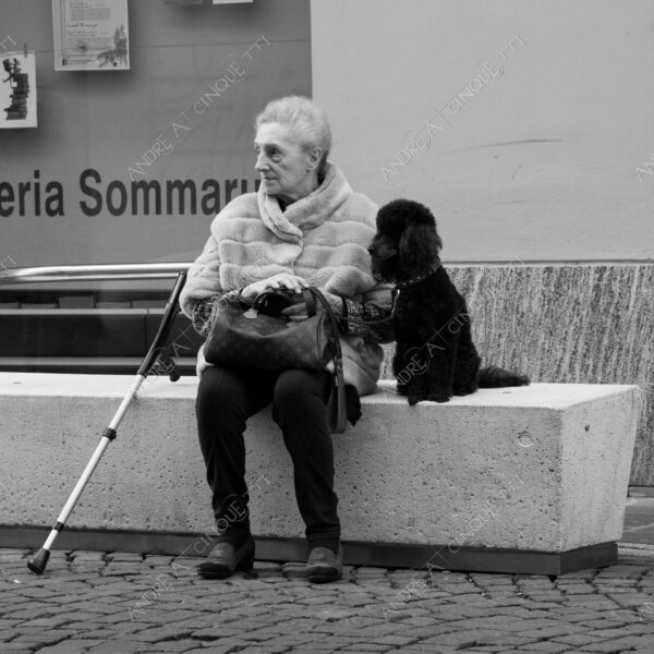 lodi street photography fotografia di strada bianco e nero black and white donna woman anziana old panchina bench cane dog